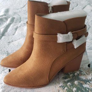 Women's Pointed Toe Short Boots Chunky Stacked Heel Zipper Buckle Strap Winter